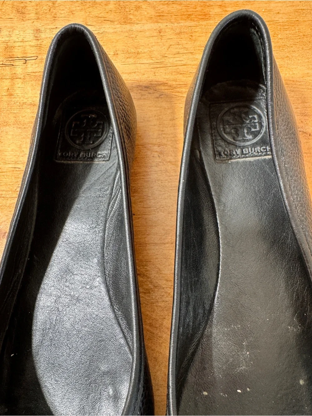 Tory Burch Black Leather Ballet Flats with Gold Logo Accents